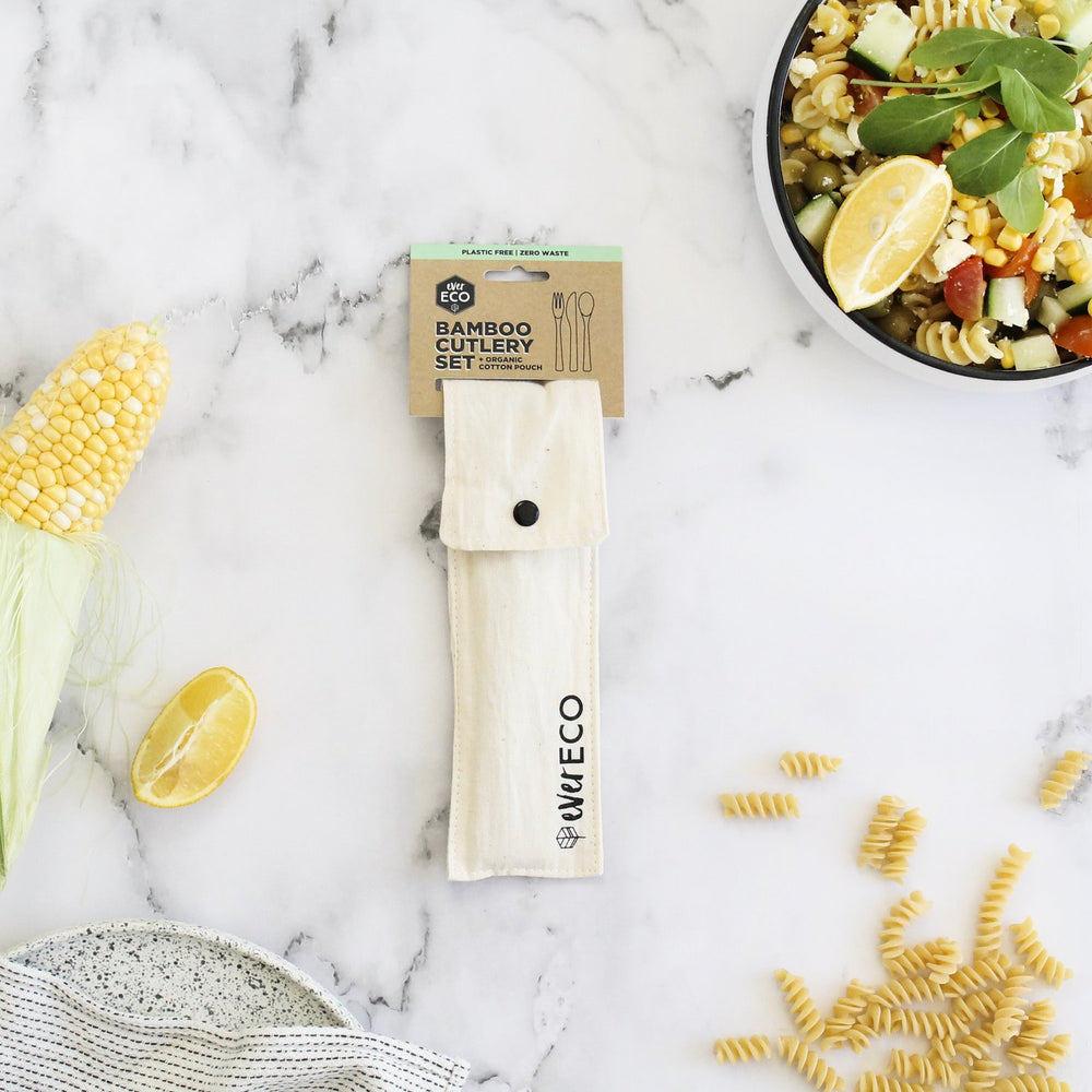 EVER ECO Bamboo Cutlery Set with Organic Cotton Pouch