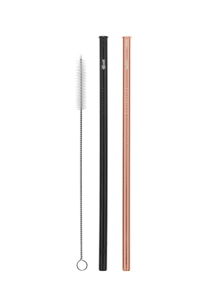 Cheeki Straight Stainless Steel Straws 2 Pack - Rose Gold, Black & Cleaning Brush
