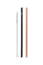 Cheeki Straight Stainless Steel Straws 2 Pack - Rose Gold, Black & Cleaning Brush