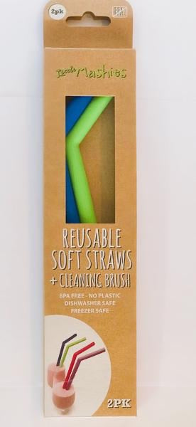 Little Mashies Reusable Silicone Straws + brush 2 Pack (green & blue)